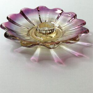 VTG FEDERAL GLASS Iridescent "Celestial" Candle Holders Ruffled Petal Edge Pair